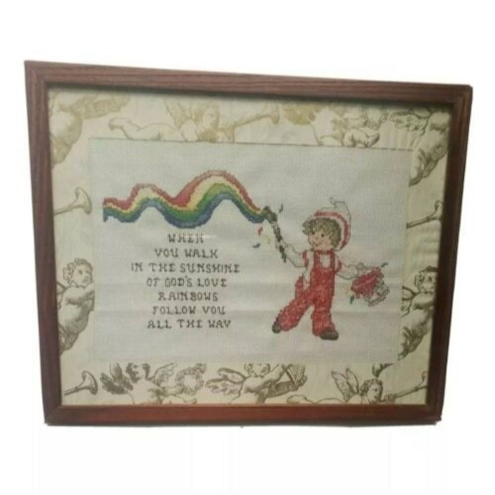 Vintage Cross Stitch Finished Piece Boy Child Rainbow Painting God Love Nursery